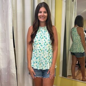 Skies Are Blue Sleeveless Floral Blouse - White and Green